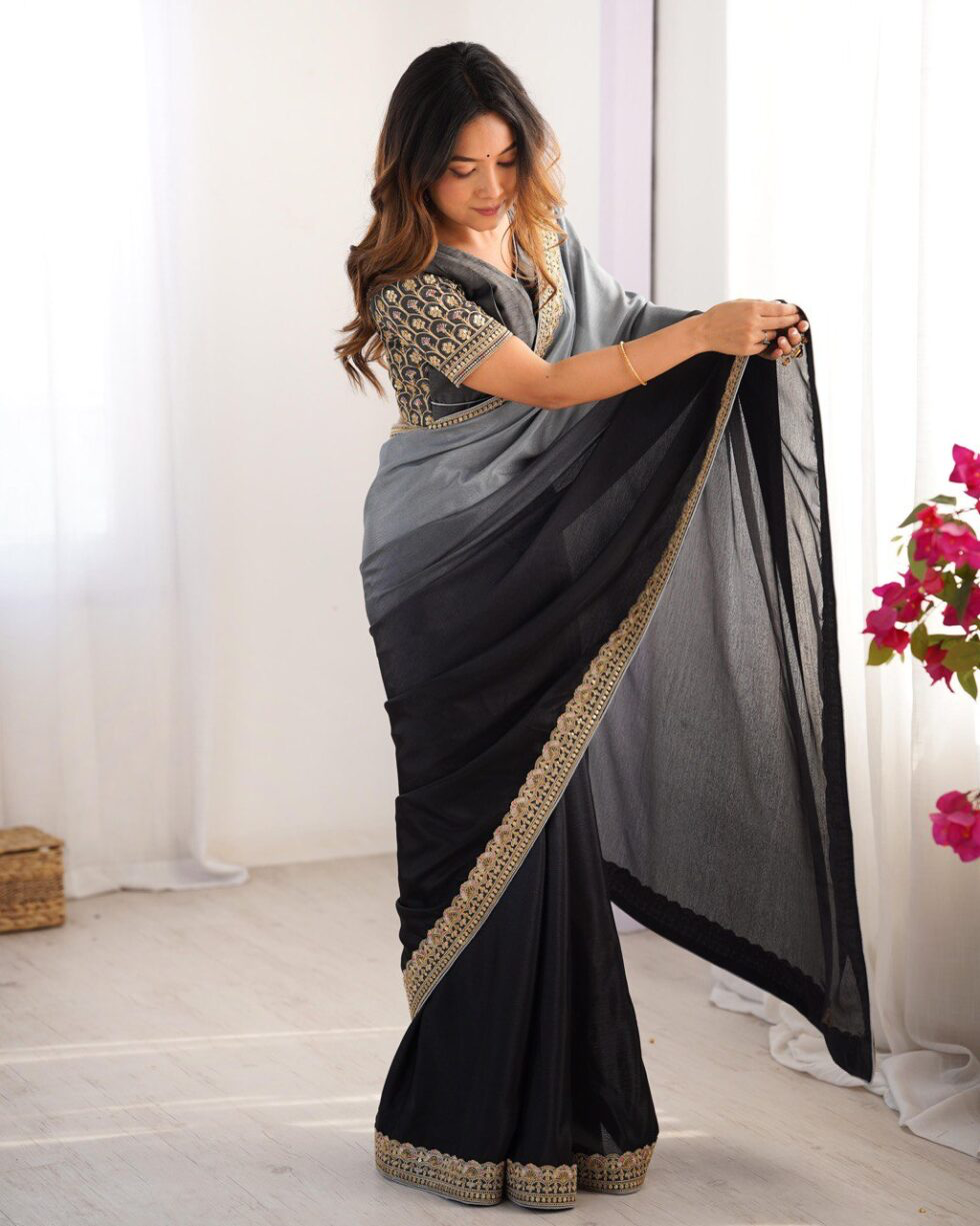 Handmade Black & Grey Saree with Golden Border – Elegant Indian Ethnic Wear – Wedding & Party Wear Saree – Artisan Crafted from India (BLACKLUXE CRAFTS)