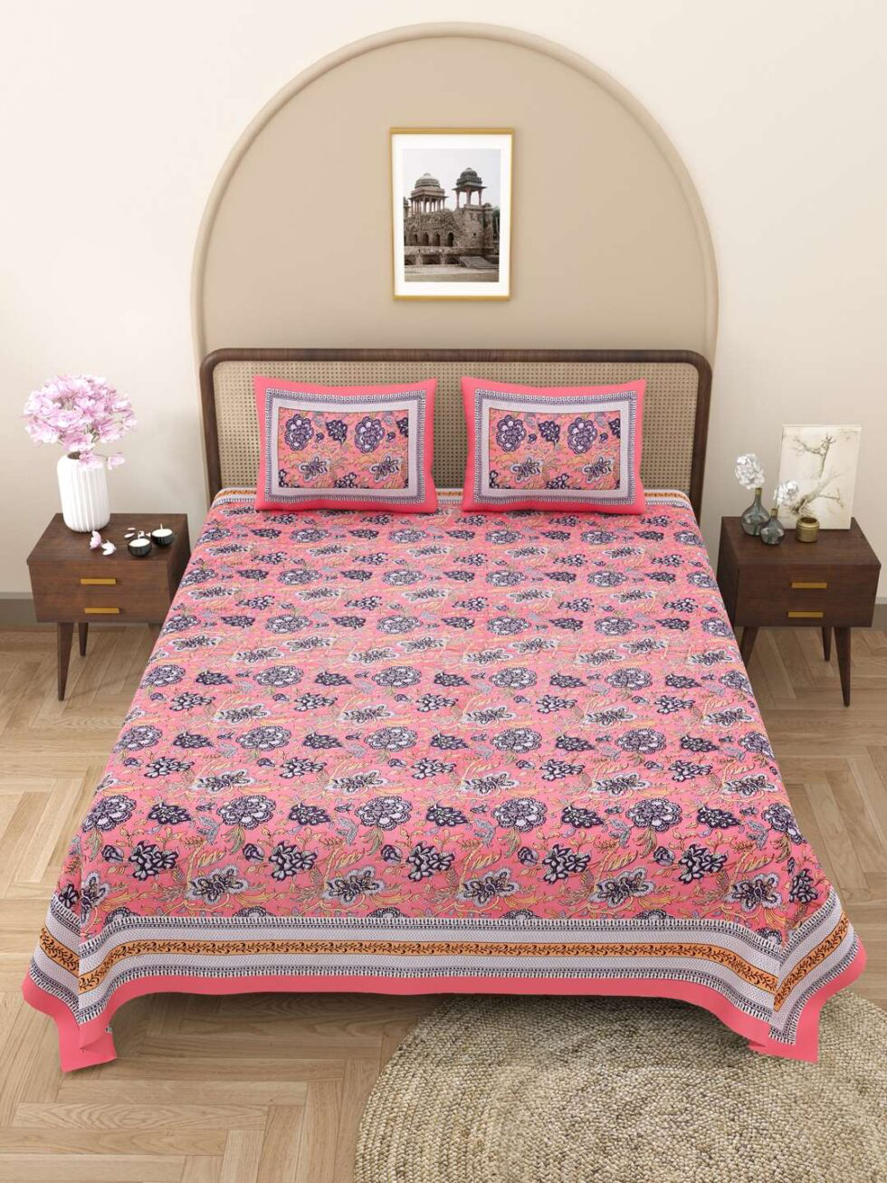 Handmade Pink Floral Cotton Bedsheet Set with Pillow Covers | Indian Block Print Bedspread | Queen Size Bohemian Bedding (BLACKLUXE CRAFTS) - BLACKLUXECRAFTS