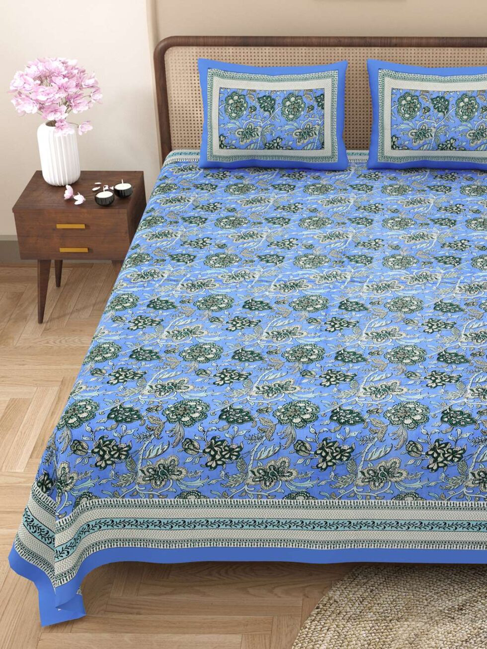 Handmade Cotton Bedsheet with Pillow Covers – Blue Floral Block Print King Size Bedspread from India (BLACKLUXE CRAFTS) - BLACKLUXECRAFTS