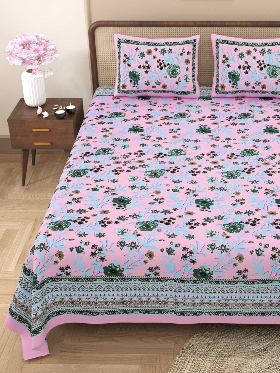Handmade Pink Floral Block Print Cotton Bedsheet with Pillow Covers – Indian Queen Size Ethnic Bedding Set (BLACKLUXE CRAFTS) - BLACKLUXECRAFTS