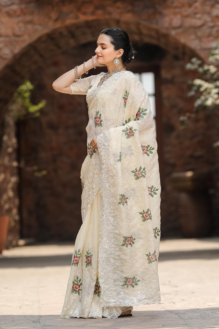 Handmade Ivory Floral Embroidered Saree – Elegant Indian Wedding & Party Wear | Ethnic Designer Sari for Women (BLACKLUXE CRAFTS)
