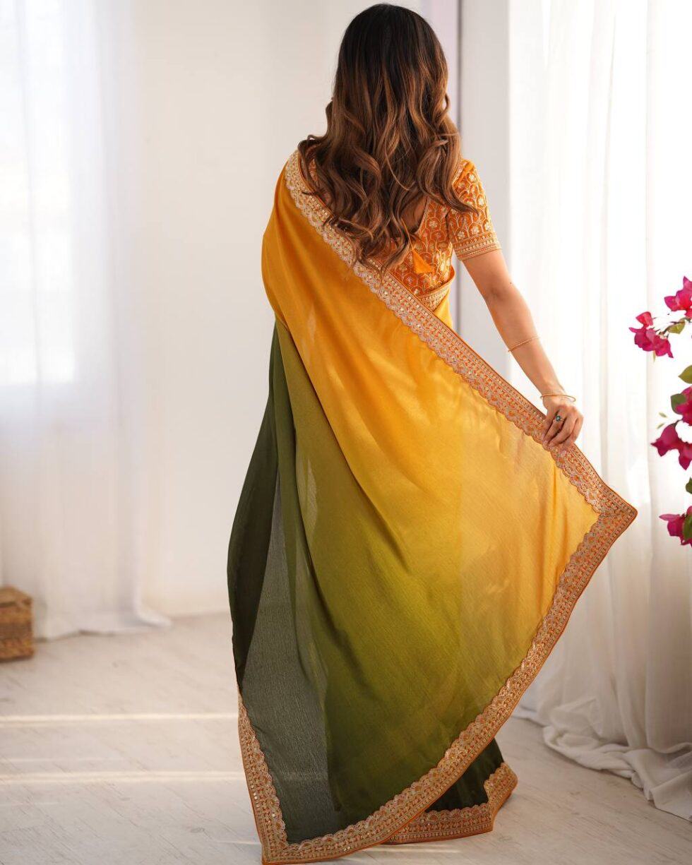 Handmade Indian Ombre Saree – Yellow & Green Gradient Silk Blend with Golden Border | Elegant Ethnic Saree for Women (BLACKLUXE CRAFTS)