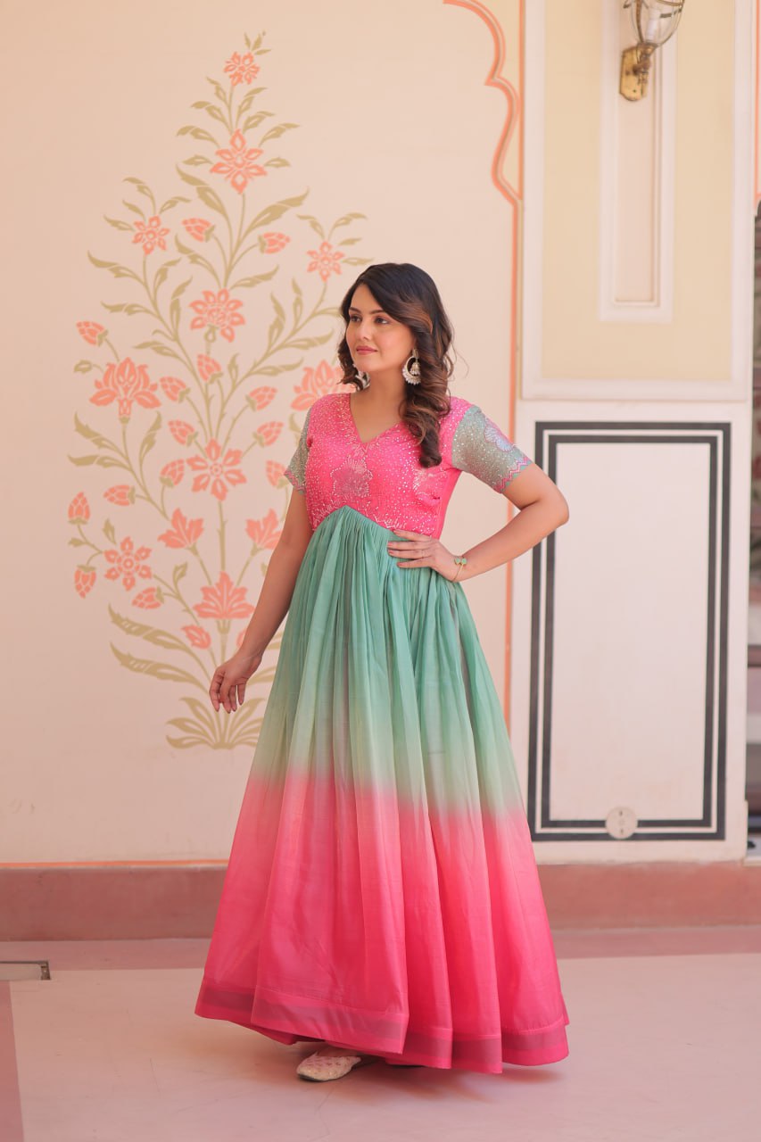 Women’s Ombre Anarkali Gown – Pink & Green Designer Ethnic Party Wear Dress (BLACKLUXE CRAFTS) - BLACKLUXECRAFTS
