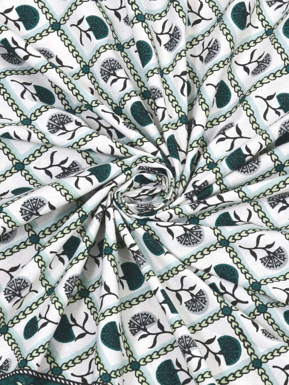Handmade Cotton Double Bed Sheet with Pillow Covers – Green Floral Block Print | Indian Ethnic Bedding Set (BLACKLUXE CRAFTS) - BLACKLUXECRAFTS