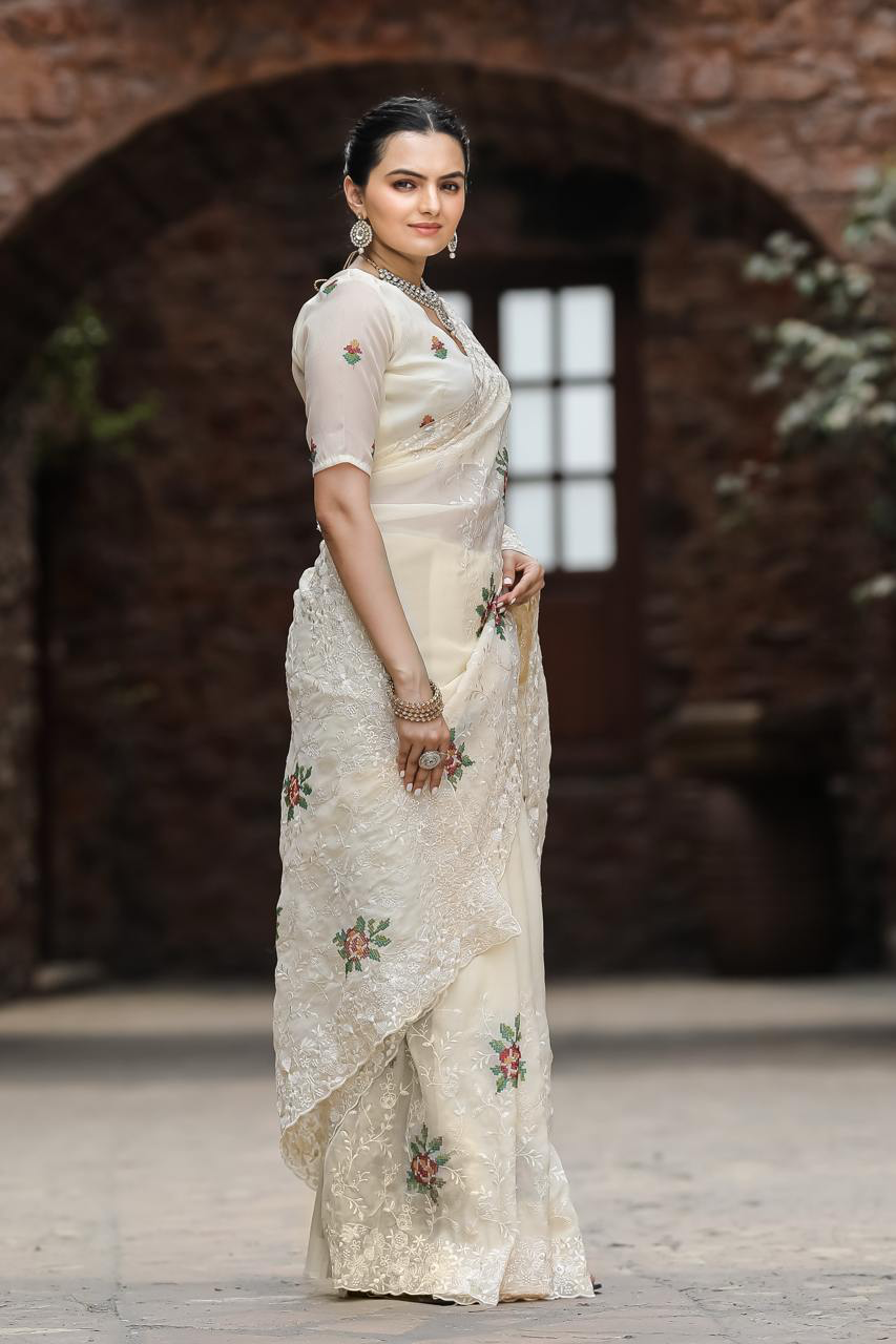 Handmade Ivory Floral Embroidered Saree – Elegant Indian Wedding & Party Wear | Ethnic Designer Sari for Women (BLACKLUXE CRAFTS)
