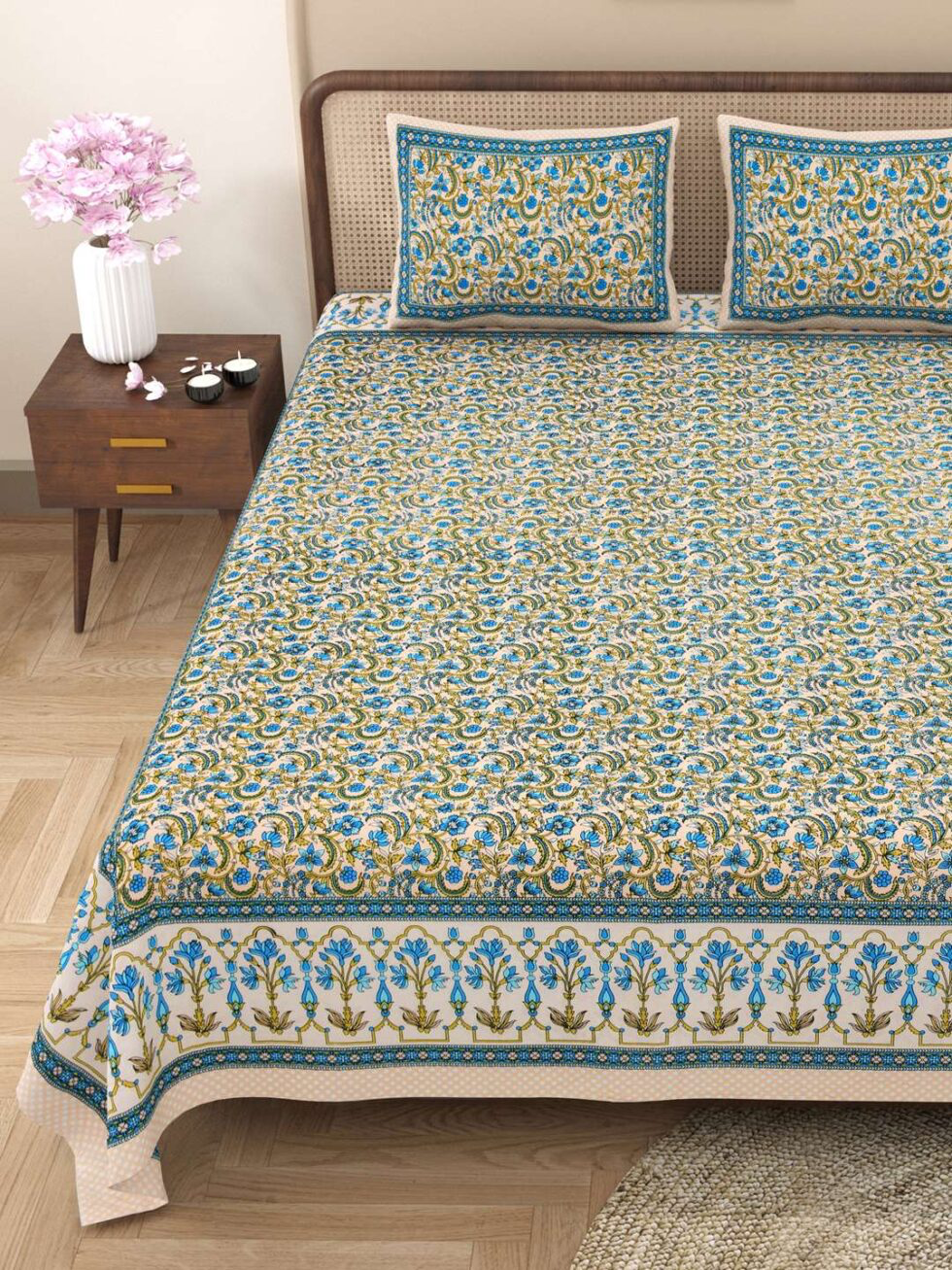 Handmade Cotton Bedsheet with Pillow Covers – Traditional Indian Floral Block Print, King Size Bedspread – Blue & Yellow Ethnic Bedding (BLACKLUXE CRAFTS) - BLACKLUXECRAFTS