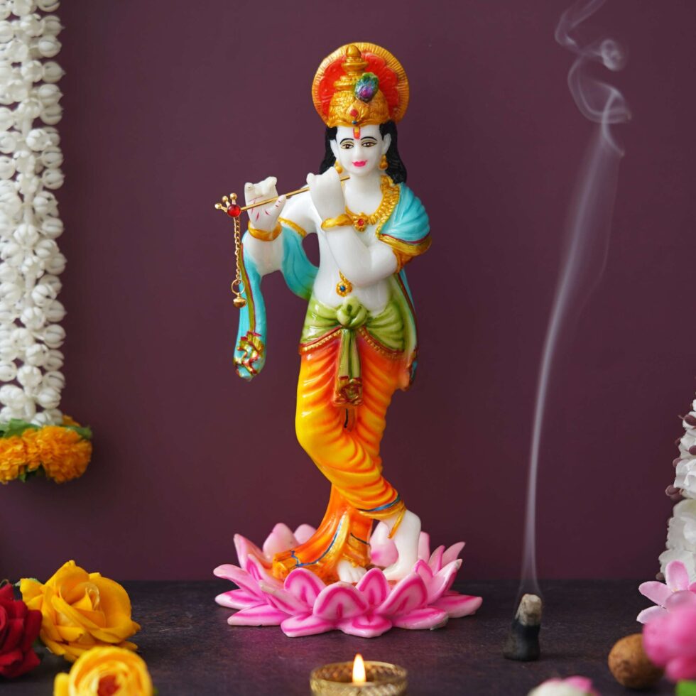 Lord Krishna Playing Flute Idol on Lotus | Hindu God Statue for Home Décor & Puja (BLACKLUXE CRAFTS) - BLACKLUXECRAFTS