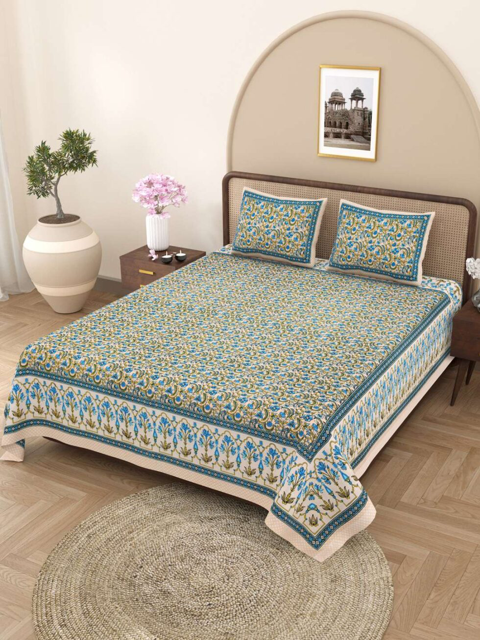 Handmade Cotton Bedsheet with Pillow Covers – Traditional Indian Floral Block Print, King Size Bedspread – Blue & Yellow Ethnic Bedding (BLACKLUXE CRAFTS) - BLACKLUXECRAFTS