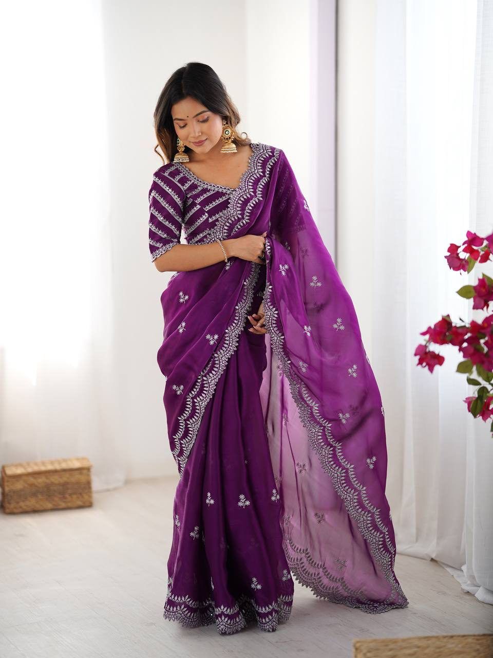 Handmade Purple Embroidered Saree with Silver Thread Work | Traditional Indian Designer Saree for Wedding & Party Wear | Ethnic Handmade Fashion from India (BLACKLUXE CRAFTS)