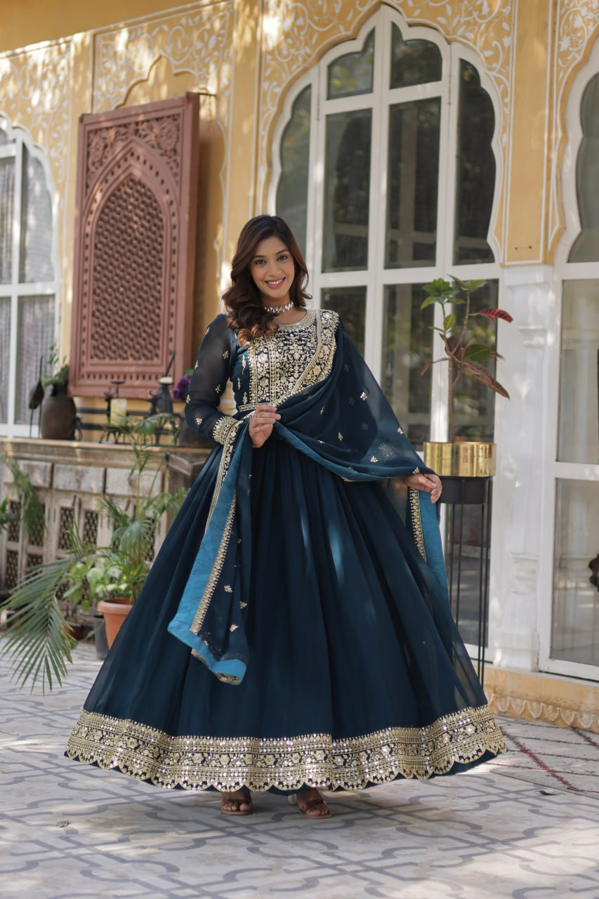 Handmade Teal Blue Anarkali Gown with Dupatta – Indian Ethnic Party Wear Dress for Women | Designer Wedding & Festive Outfit (BLACKLUXE CRAFTS)