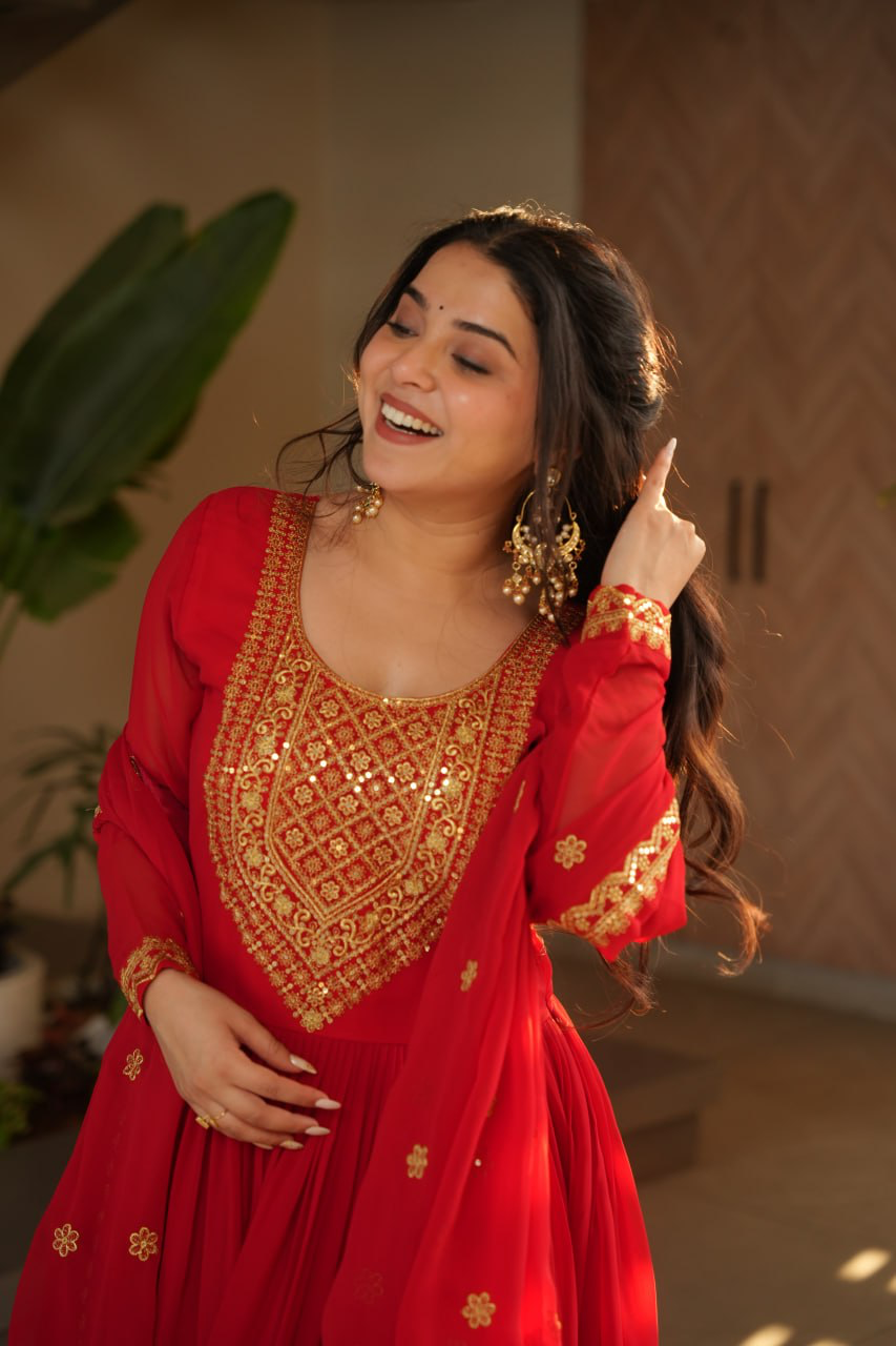 Handmade Red Embroidered Anarkali Gown with Dupatta – Indian Ethnic Party & Wedding Wear Dress for Women (BLACKLUXE CRAFTS)