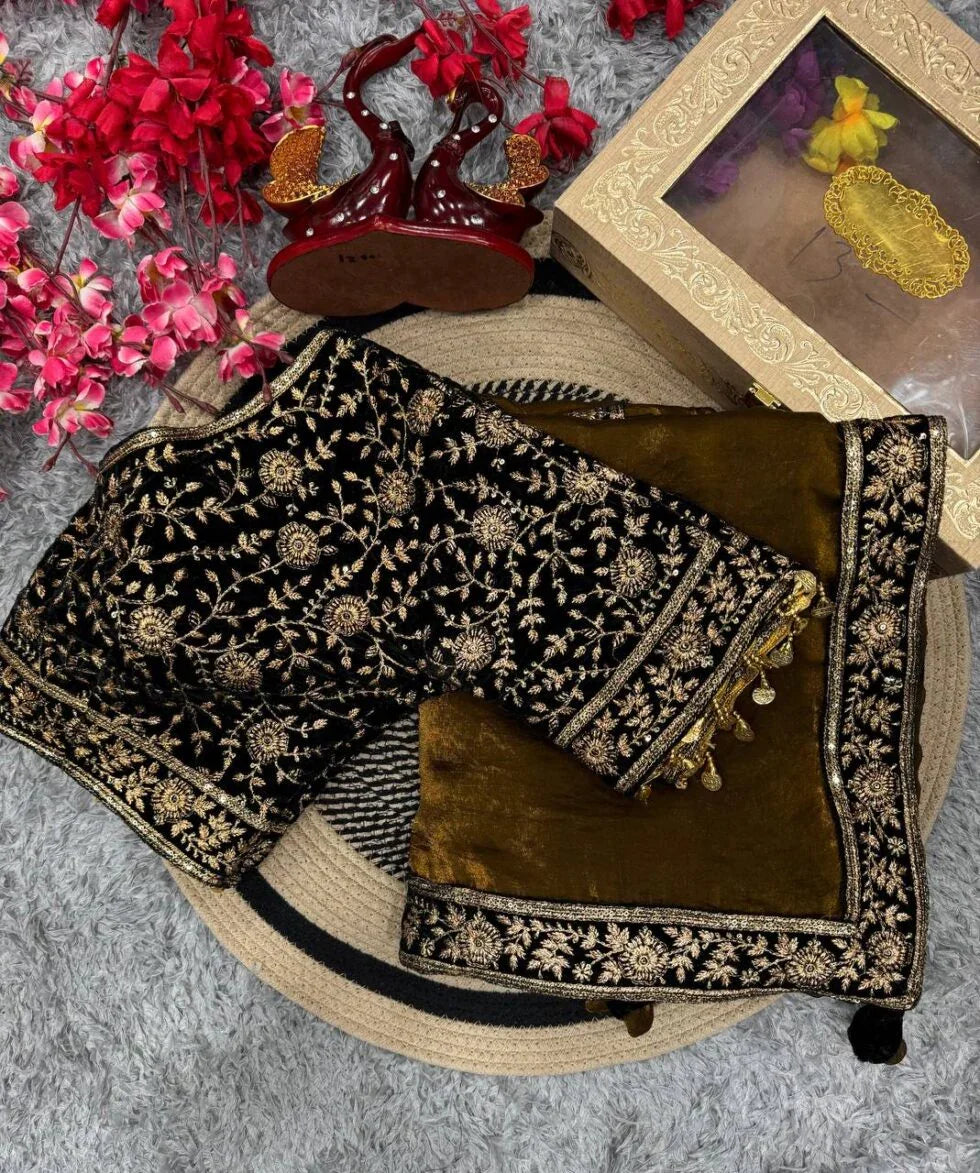 Women’s Luxe Olive-Gold Silk Saree with Heavily Embellished Blouse & Border – Ideal for Evening, Wedding & Reception Wear (BLACK LUXE CRAFTS) - BLACKLUXECRAFTS