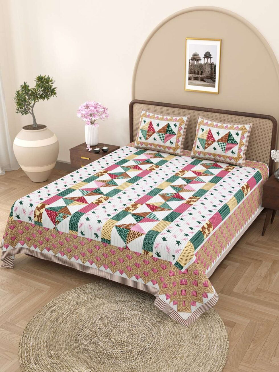 Handmade Cotton Patchwork Bedsheet with Pillow Covers | Indian Ethnic Quilted Design | King Size Bedspread for Global Home Décor (BLACKLUXE CRAFTS) - BLACKLUXECRAFTS