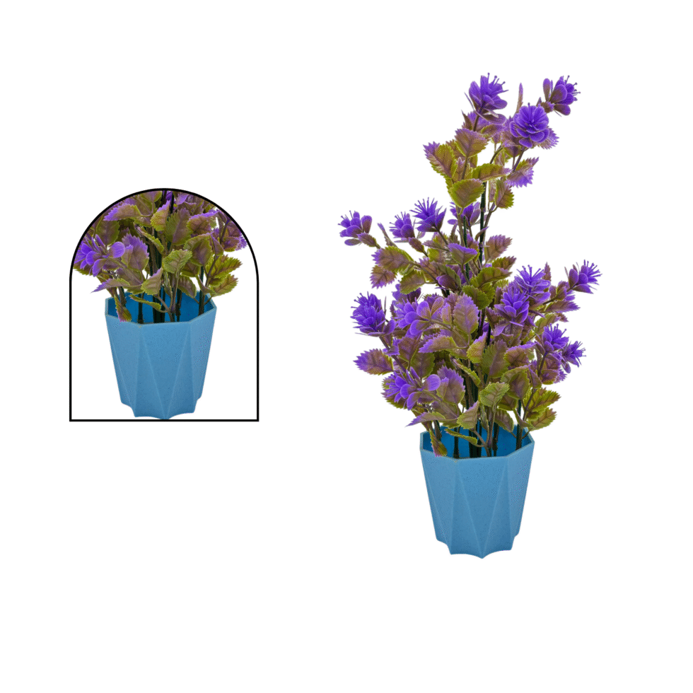 Handmade Artificial Purple Flower Plant in Blue Pot – Realistic Home & Office Table Decor | Eco-Friendly Craft from India (BLACKLUXE CRAFTS)