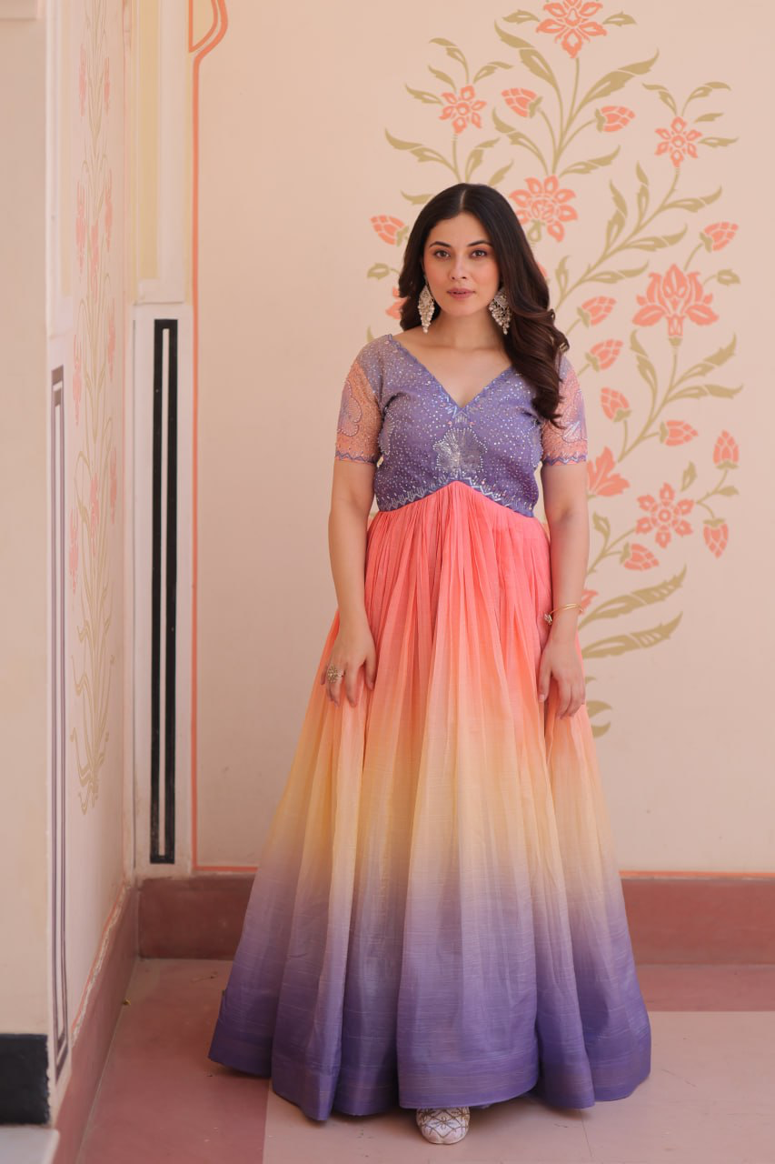 Handmade Ombre Silk Anarkali Gown – Designer Indian Ethnic Party Wear Dress for Women | Traditional Festive Outfit from India (BLACKLUXE CRAFTS) - BLACKLUXECRAFTS
