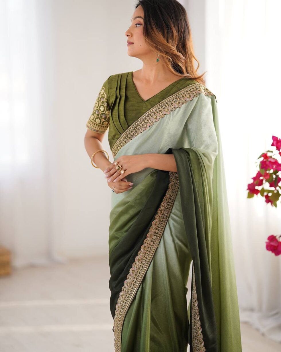 Handmade Olive Green & Light Green Ombre Saree with Golden Border – Indian Ethnic Silk Blend Saree for Women | Festive & Wedding Wear (BLACKLUXE CRAFTS)