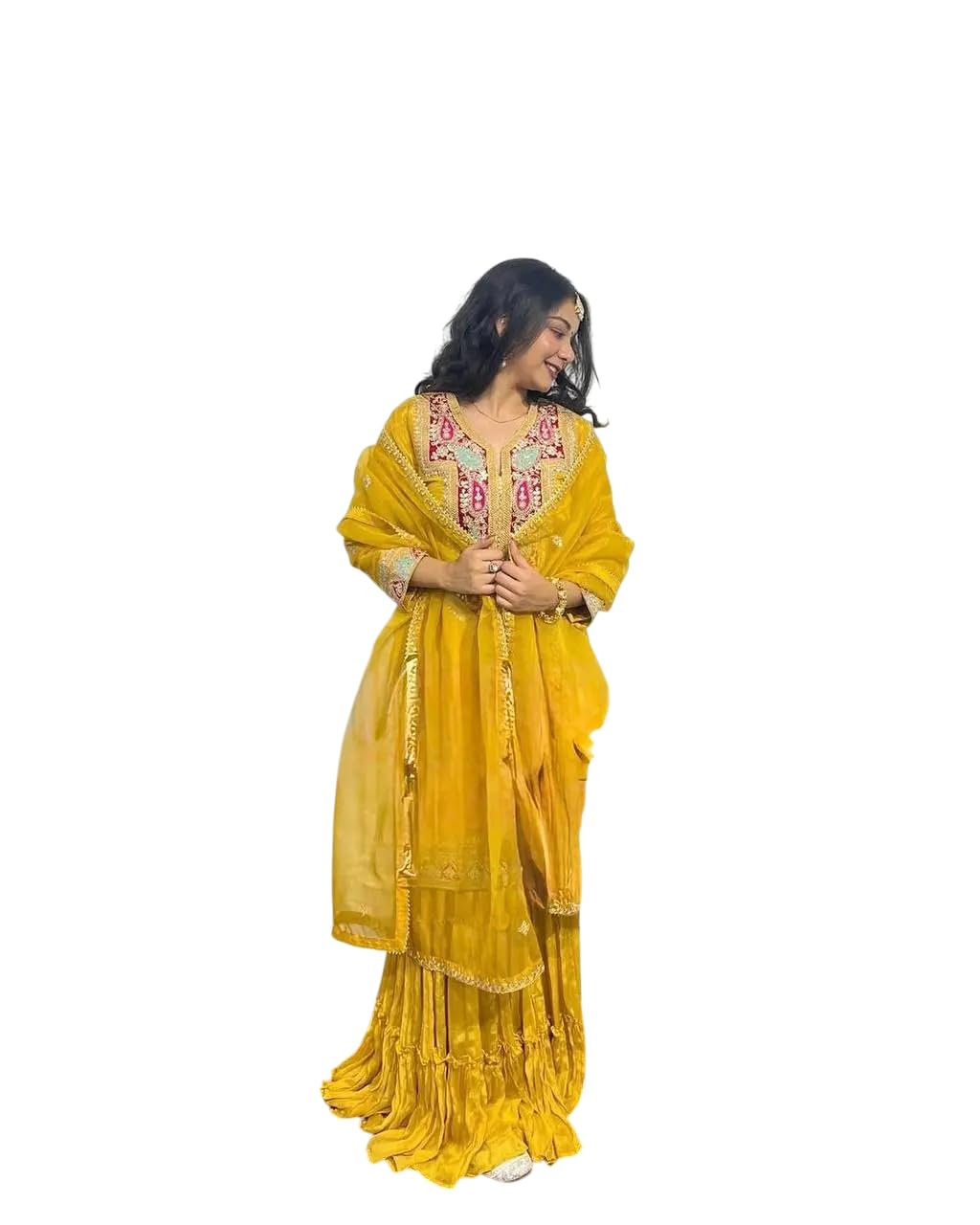 Mustard Yellow Silk Sharara Suit with Embroidered Neckline & Dupatta | Festive & Wedding Wear (BLACKLUXE CRAFTS) - BLACKLUXECRAFTS