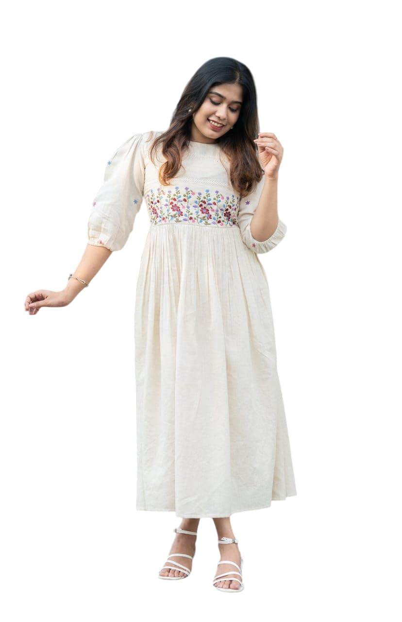 Cream Cotton Embroidered Dress – Handcrafted Floral Boho Ethnic Wear for Women (BLACKLUXE CRAFTS) - BLACKLUXECRAFTS