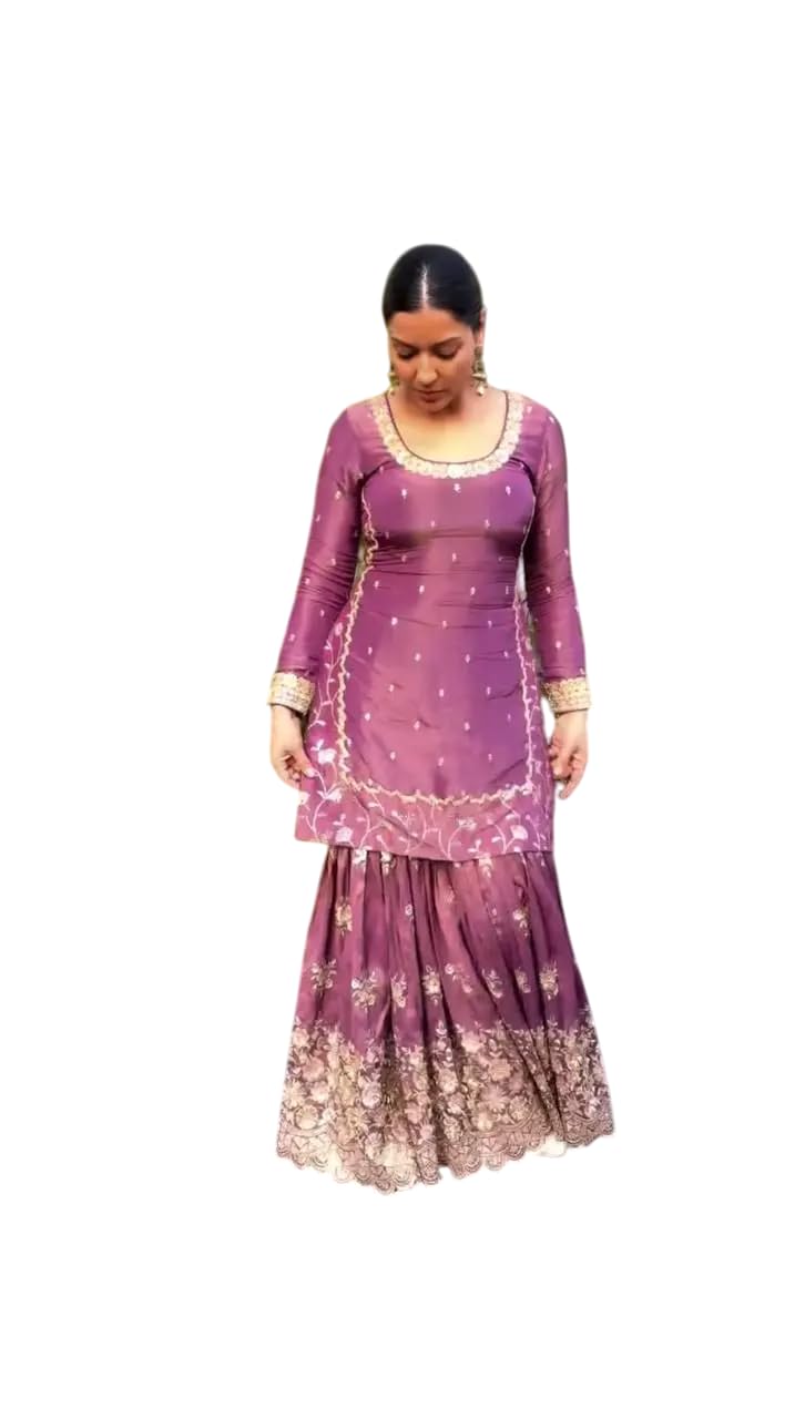 Women's Fandy Silk Embroidered Straight Kurta With Sharara and Dupatta Set (BLACKLUXE CRAFTS) - BLACKLUXECRAFTS