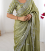 Handmade Olive Green Chikankari Embroidered Saree – Pure Georgette Traditional Indian Saree with Blouse | Wedding, Party & Ethnic Wear (BLACKLUXE CRAFTS)