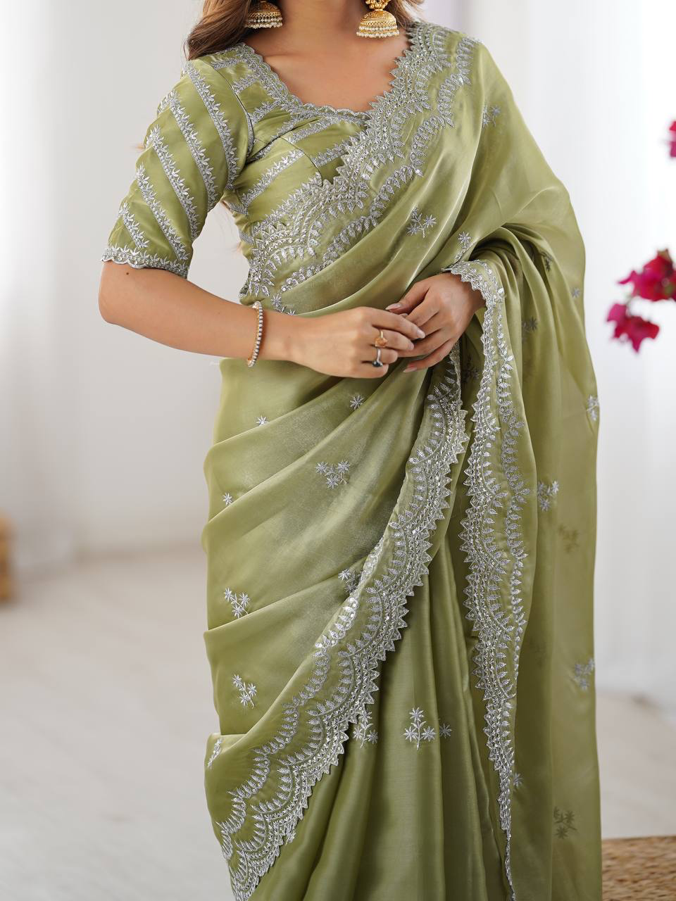 Handmade Olive Green Chikankari Embroidered Saree – Pure Georgette Traditional Indian Saree with Blouse | Wedding, Party & Ethnic Wear (BLACKLUXE CRAFTS)