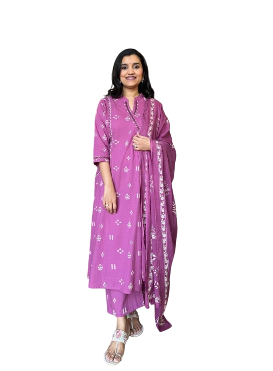 Women's Cotton Embroidered Anarkali Kurti with Pant and Dupatta Set (BLACKLUXE CRAFTS) - BLACKLUXECRAFTS