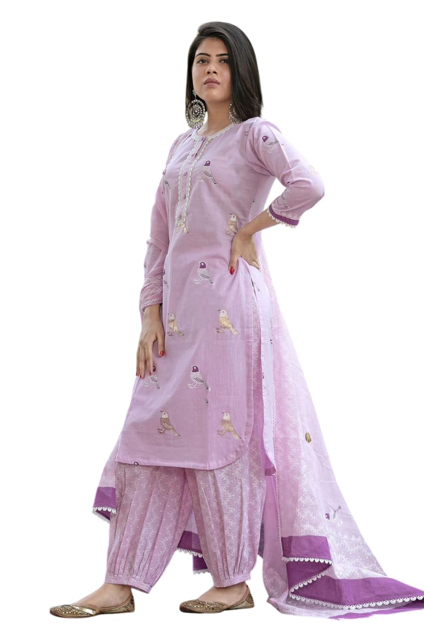 Lavender Embroidered Cotton Kurta Set with Dupatta | Women’s Ethnic Indian Outfit | Salwar Suit for Wedding & Festive Wear (BLACKLUXE CRAFTS) - BLACKLUXECRAFTS