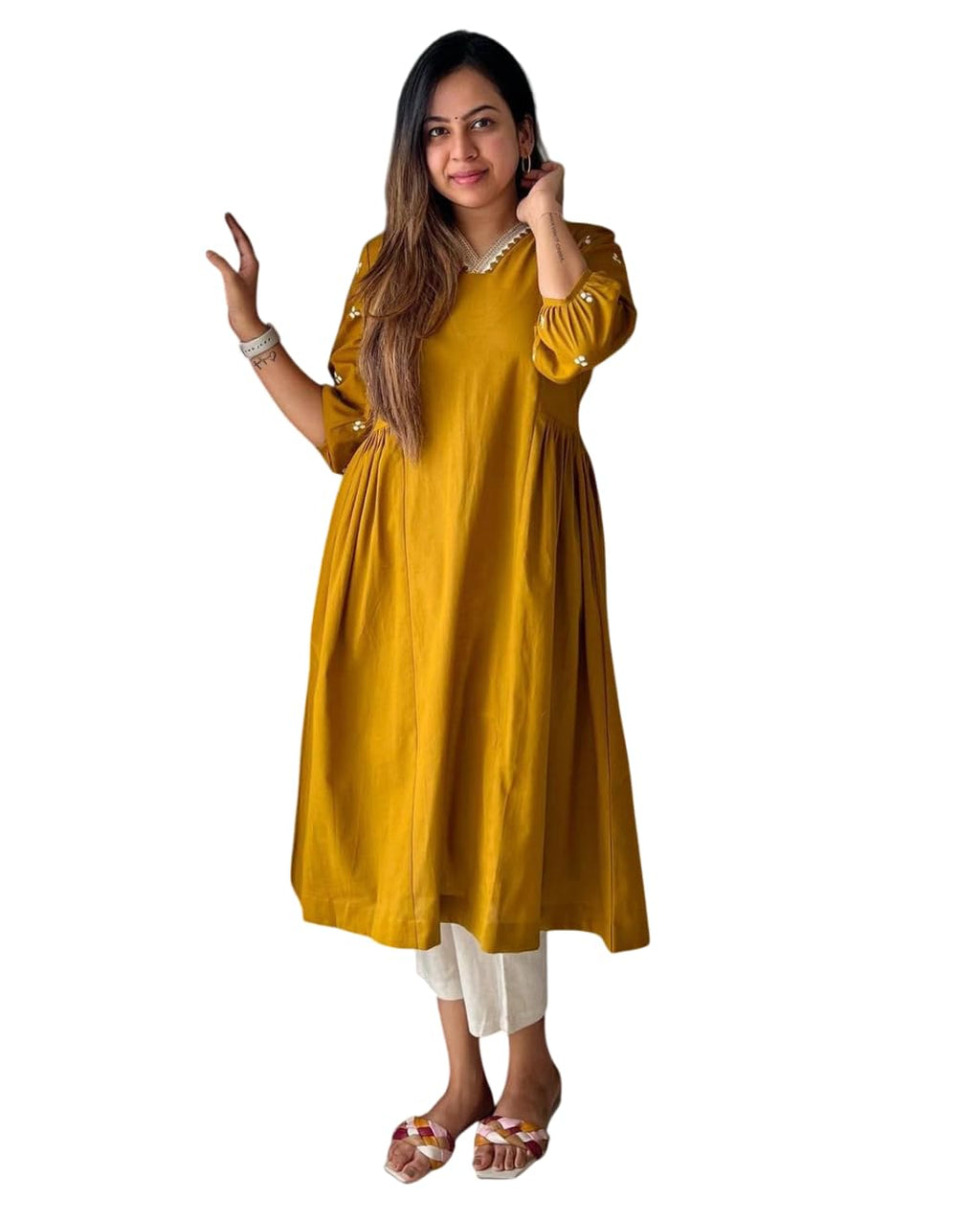 Mustard Yellow Flared Kurta with White Pants – Casual Ethnic Wear for Women
(BLACKLUXE CRAFTS) - BLACKLUXECRAFTS
