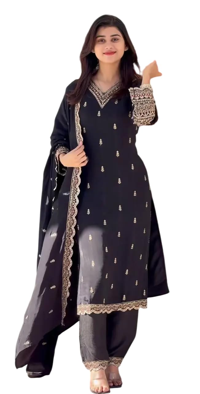 Black Embroidered Straight Salwar Suit with Dupatta | Elegant Indian Ethnic Wear for Parties & Weddings | Women’s Designer Outfit (BLACKLUXE CRAFTS) - BLACKLUXECRAFTS