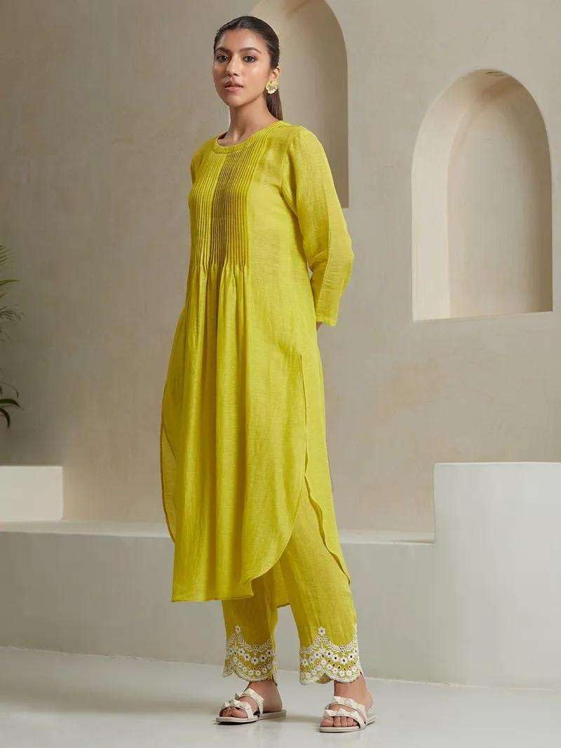 Lime Yellow Kurta Set with Checkered Dupatta | Women’s Indian Ethnic Outfit | Cotton Suit for Festive & Party Wear (BLACKLUXE CRAFTS) - BLACKLUXECRAFTS