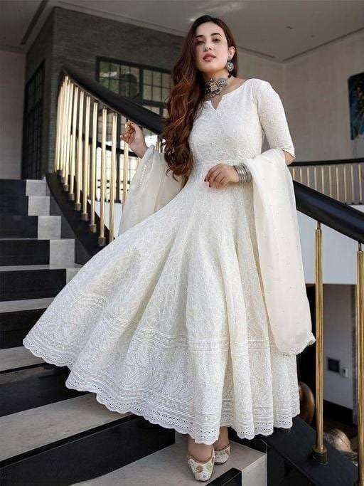 White Embroidered Anarkali Gown with Dupatta | Women’s Indian Wedding & Party Wear Ethnic Dress (BLACKLUXE CRAFTS) - BLACKLUXECRAFTS