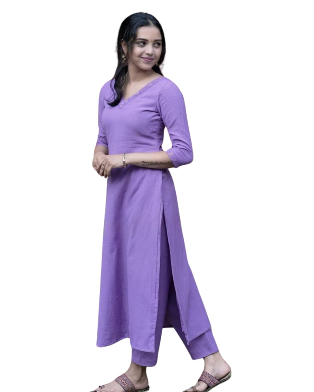 Women's Cotton V-neck Solid Straight Kurti With Pant Purple Or Orange (BLACKLUXE CRAFTS) - BLACKLUXECRAFTS