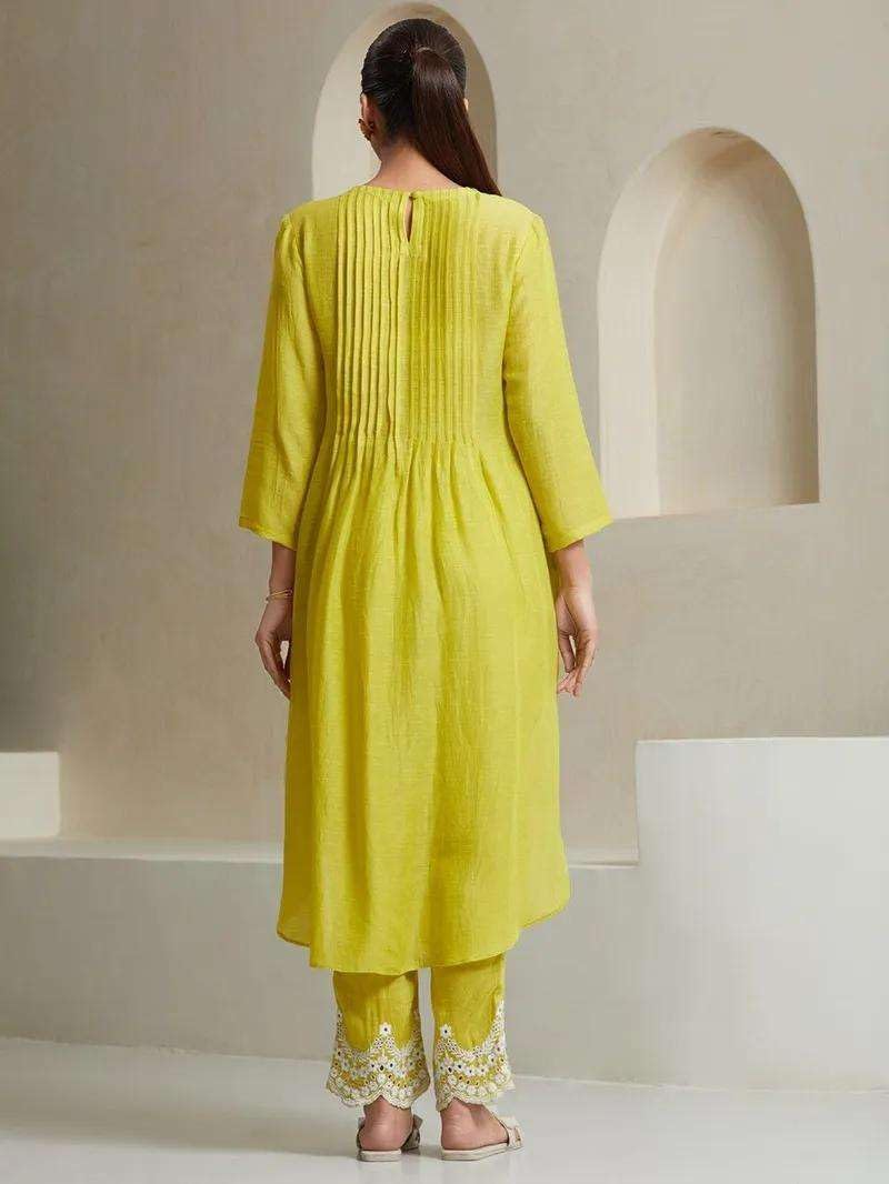 Lime Yellow Kurta Set with Checkered Dupatta | Women’s Indian Ethnic Outfit | Cotton Suit for Festive & Party Wear (BLACKLUXE CRAFTS) - BLACKLUXECRAFTS