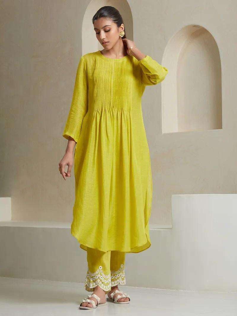 Lime Yellow Kurta Set with Checkered Dupatta | Women’s Indian Ethnic Outfit | Cotton Suit for Festive & Party Wear (BLACKLUXE CRAFTS) - BLACKLUXECRAFTS