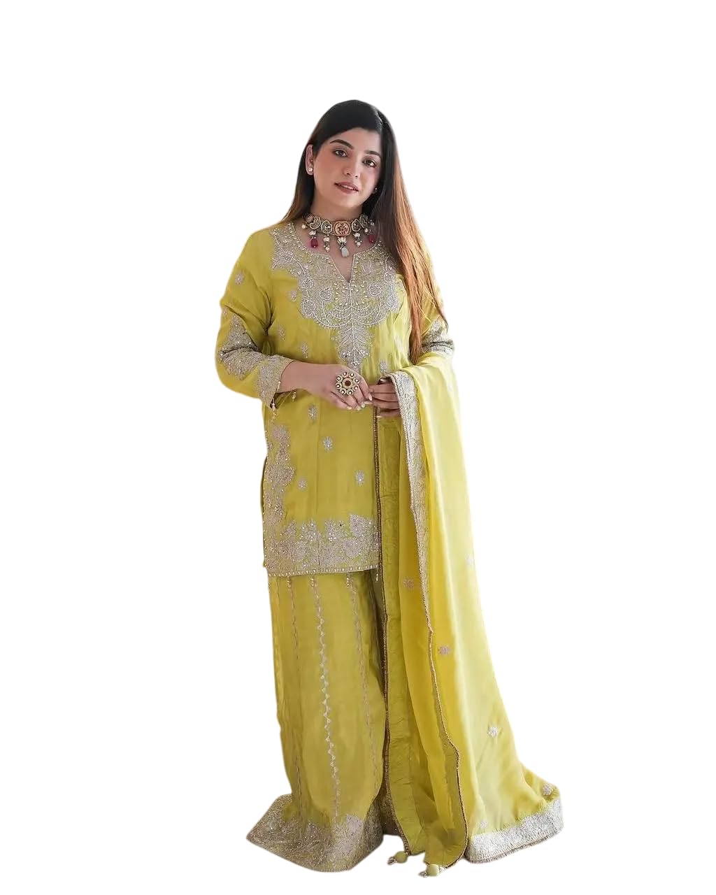 Women's Chinon Silk Embroidered Kurti With Sharara & Dupatta Set with Rivet Moti Work (BLACKLUXE CRAFTS) - BLACKLUXECRAFTS