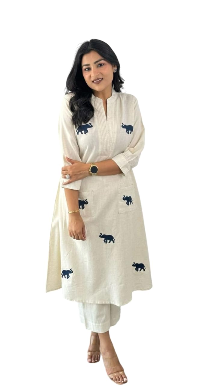Handmade Cotton Kurta Set with Blue Elephant Embroidery – Casual & Office Wear for Women (BLACKLUXE CRAFTS) - BLACKLUXECRAFTS