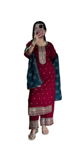 Women's Chinnon Silk Embroidered Straight Kurti with Pant & Dupatta Set (BLACKLUXE CRAFTS) - BLACKLUXECRAFTS
