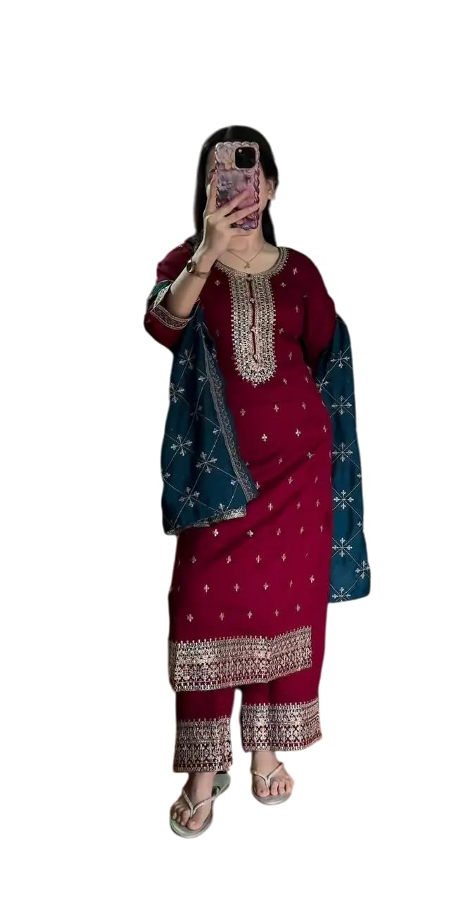 Women's Chinnon Silk Embroidered Straight Kurti with Pant & Dupatta Set (BLACKLUXE CRAFTS) - BLACKLUXECRAFTS