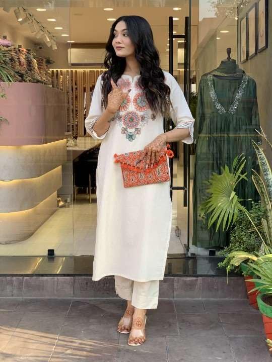 Elegant White Embroidered Kurta Set for Women | Ethnic Cotton Outfit with Pants | Summer Festive & Casual Wear (BLACKLUXE CRAFTS) - BLACKLUXECRAFTS