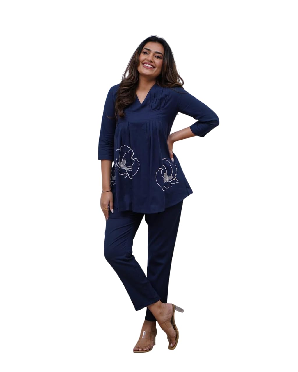 Cotton Co-ord Set for Women – Pleated Kurta with Floral Embroidery and Pants (BLACKLUXE CRAFTS) - BLACKLUXECRAFTS