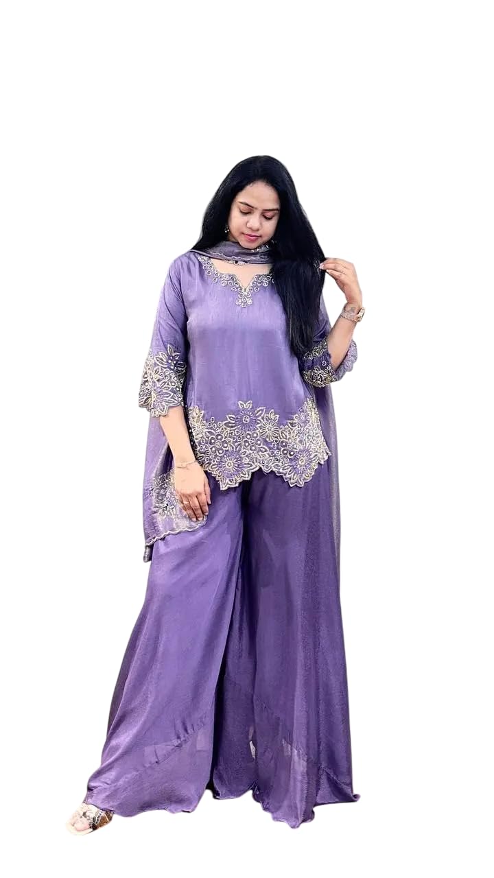 Women’s Georgette Embroidered Kurta with Plazzo and Dupatta Set (BLACKLUXE CRAFTS) - BLACKLUXECRAFTS