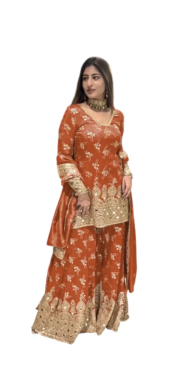 Women's Simmer Silk Embroidered Straight Kurta with Sharara & Dupatta Set (BLACKLUXE CRAFTS) - BLACKLUXECRAFTS