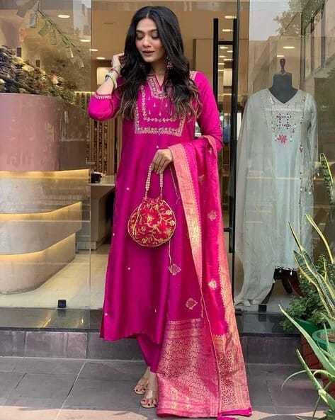 Luxury Fuchsia Pink Embroidered Silk Kurta Set with Dupatta – Indian Ethnic Party Wear for Women (BLACKLUXE CRAFTS) - BLACKLUXECRAFTS