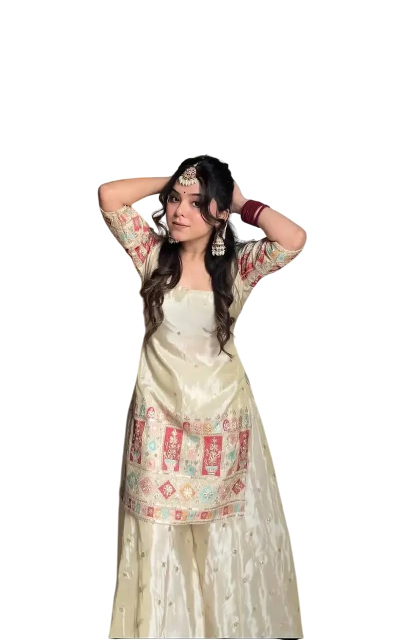 Women's Chinon Silk Embroidered Kurti With Sharara & Dupatta Set with Lace Border (BLACKLUXE CRAFTS) - BLACKLUXECRAFTS
