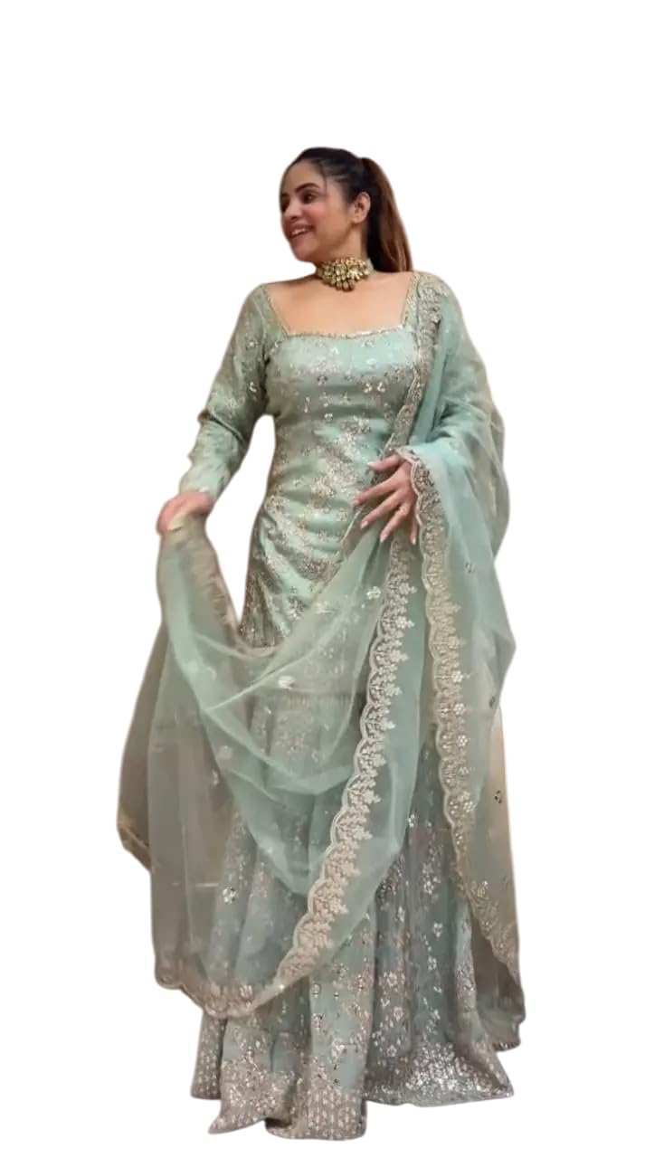 Women's Faux Georgette Embroidered Straight Kurta with Sharara & Dupatta Set (BLACKLUXE CRAFTS) - BLACKLUXECRAFTS