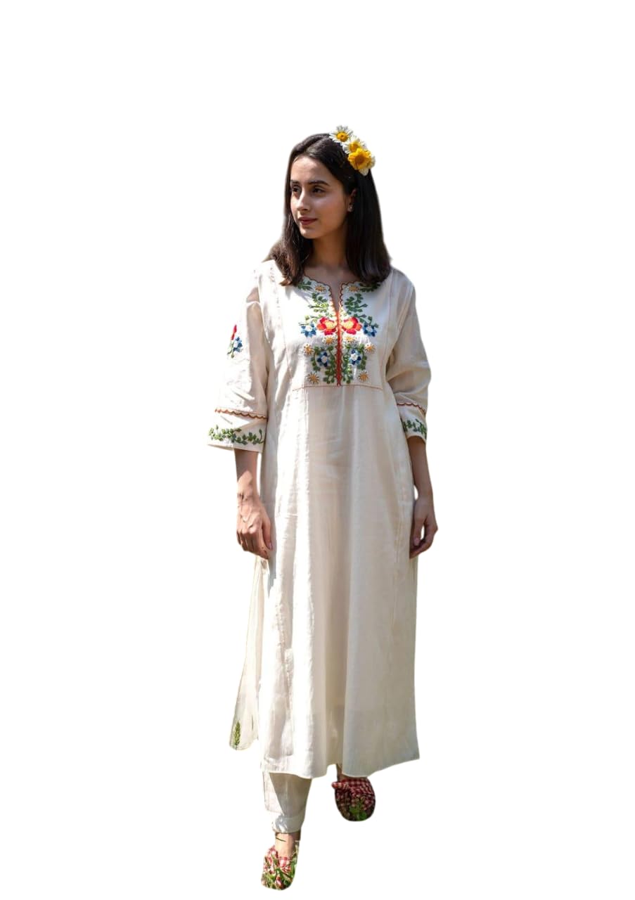Cream Cotton Embroidered Kurta Set – Handcrafted Floral Ethnic Wear for Women with Pants
 (BLACKLUXE CRAFTS) - BLACKLUXECRAFTS