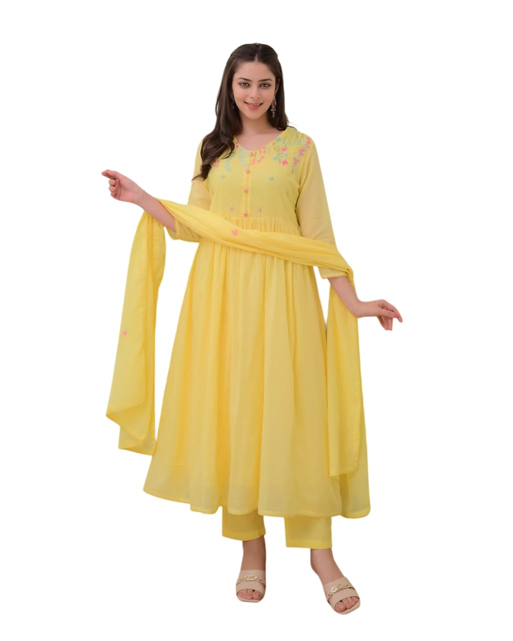 Women's Cotton Embroidered Anarkali Kurti With Pant and Dupatta set (BLACKLUXE CRAFTS) - BLACKLUXECRAFTS