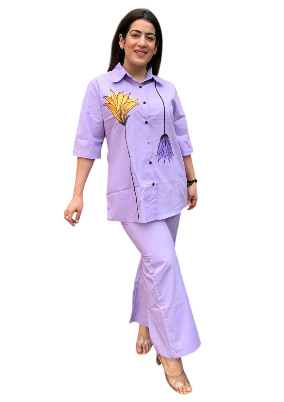 Lavender Floral Co-ord Set for Women | Summer Two-Piece Outfit | Stylish Casual Shirt & Pant Set | Comfortable Cotton Blend
(BLACKLUXE CRAFTS) - BLACKLUXECRAFTS