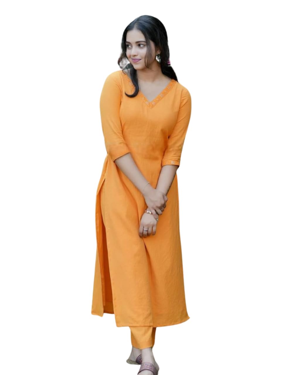 Women's Cotton V-neck Solid Straight Kurti With Pant Purple Or Orange (BLACKLUXE CRAFTS) - BLACKLUXECRAFTS