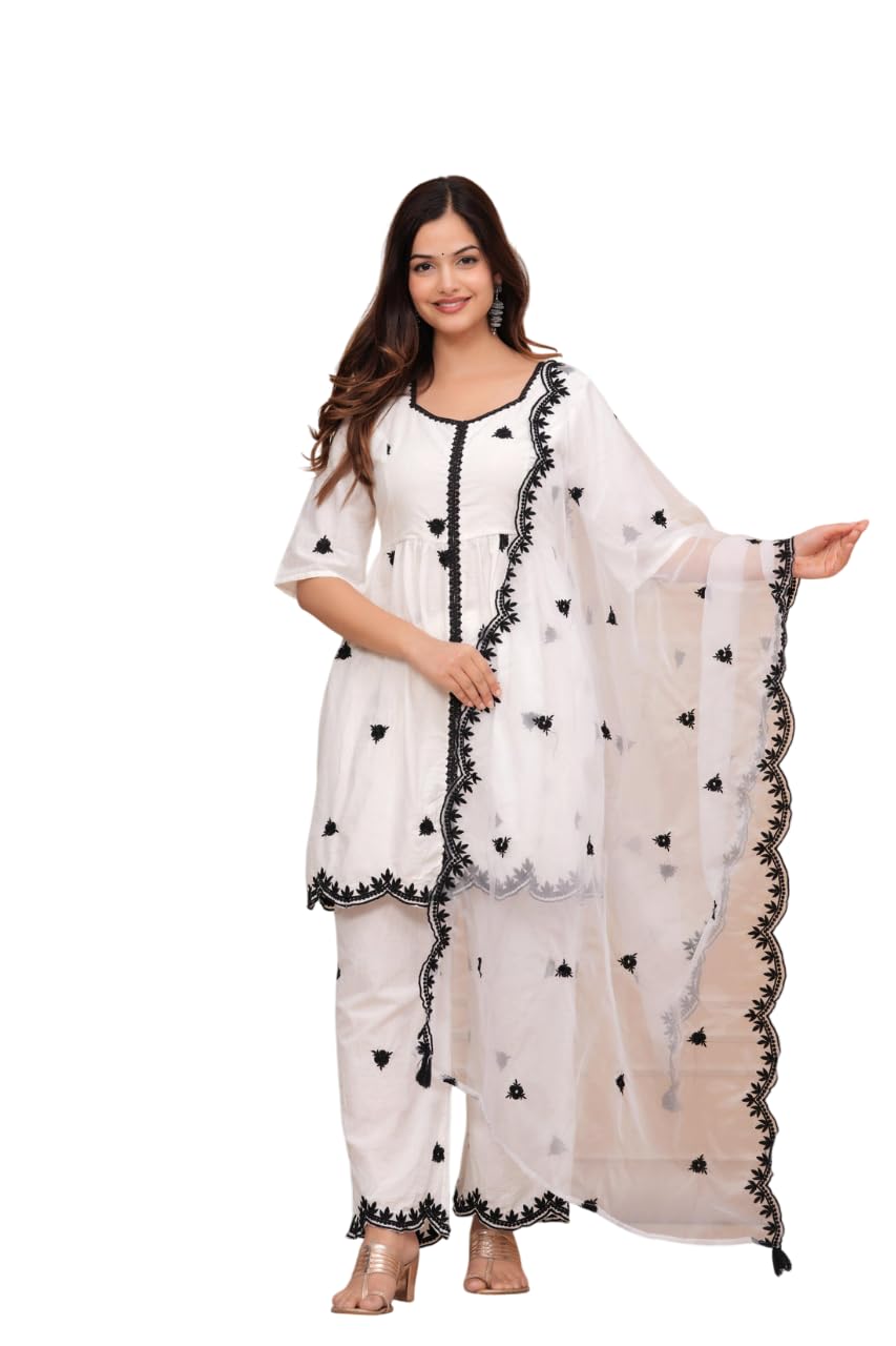 White & Black Embroidered Cotton Kurta Set with Dupatta | Ethnic Indian Women’s 3-Piece Suit
(BLACKLUXE CRAFTS) - BLACKLUXECRAFTS
